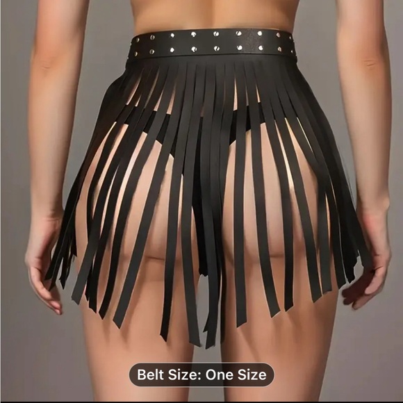🔥 Black Leather Fringe belt Skirt, Very Sexy & Fashionable adjustable NWOT - Picture 3 of 7